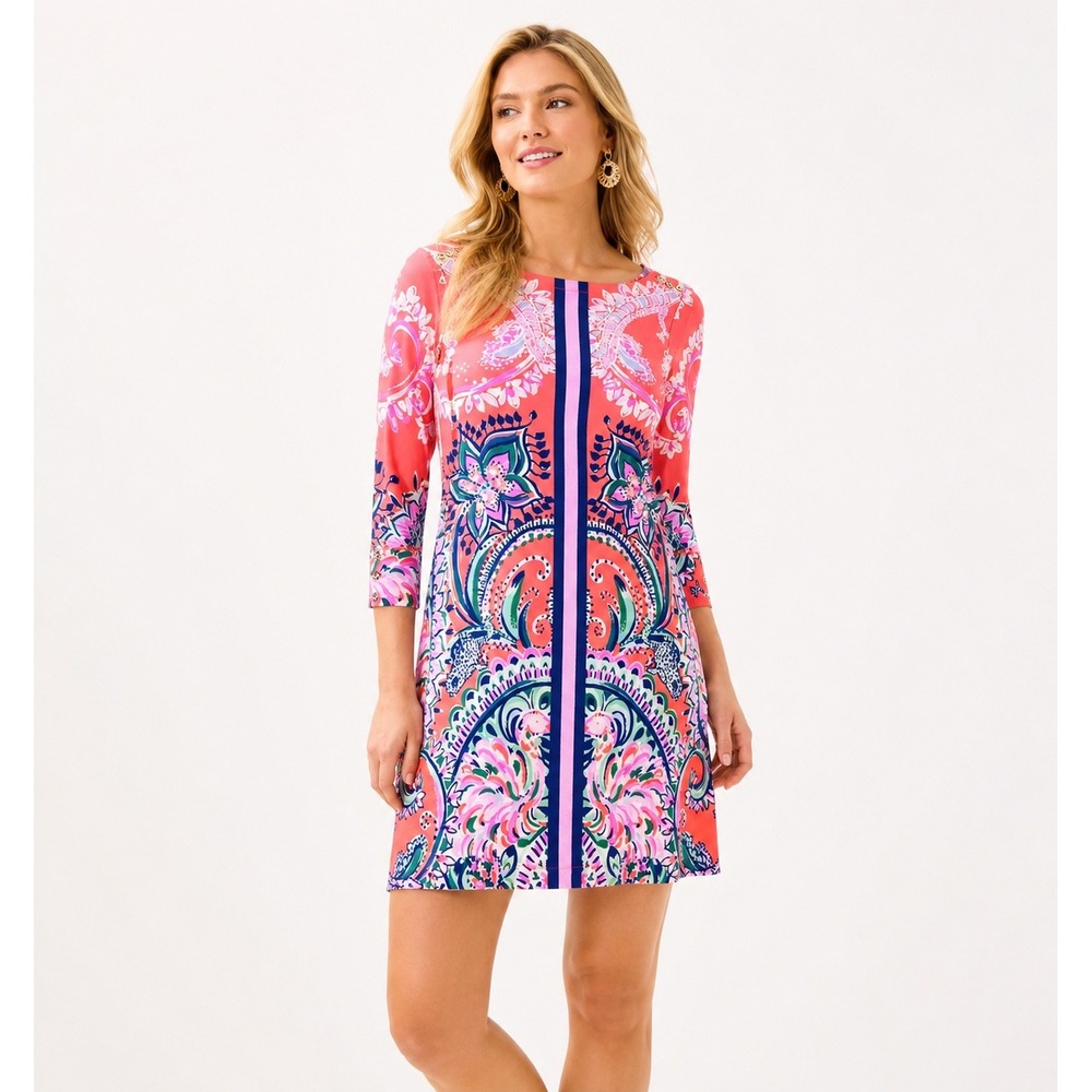 Lilly Pulitzer Sophie Mini Dress Sz S Coral Bright 3/4 Sleeve Coastal Barbiecore